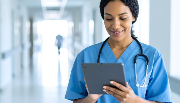 African American Nurse Using Digital Tablet in Hospital Corridor.