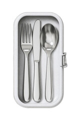 A white compartmentalized utensil holder