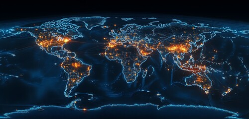 Global data analytics map with ocean blue network pulses and export hubs glowing