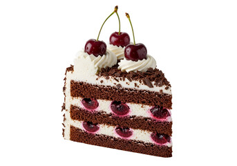 A delectable slice of black forest cake, showcasing rich chocolate layers, luscious whipped cream, and fresh cherries.