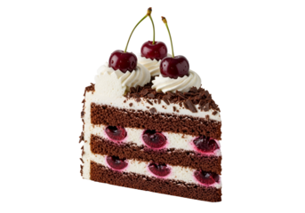 A delectable slice of black forest cake, showcasing rich chocolate layers, luscious whipped cream, and fresh cherries.