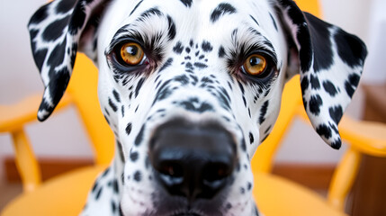 A close-up photograph showcases a Dalmatian dog with penetrating golden eyes, highlighting its distinctive black spots against a soft background of a bright-colored chair.