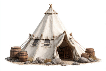 A traditional teepee, cream-colored canvas, sits on a rocky base, with wooden barrels