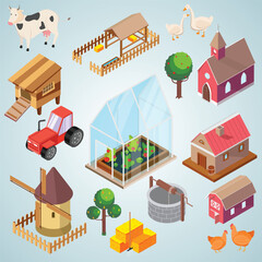 Isometric Farm Scene with Various Buildings, Animals, and Tools Illustration