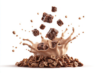 Chocolate cereal with brownie pieces exploding in a milk-like liquid splash