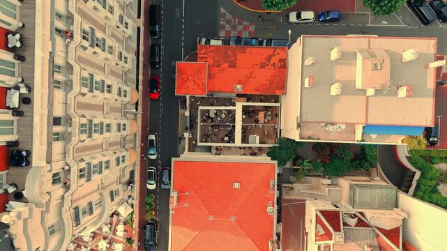 Aerial footage capturing rooftop of Carlton Cannes hotel during daytime in France. Luxury stay.