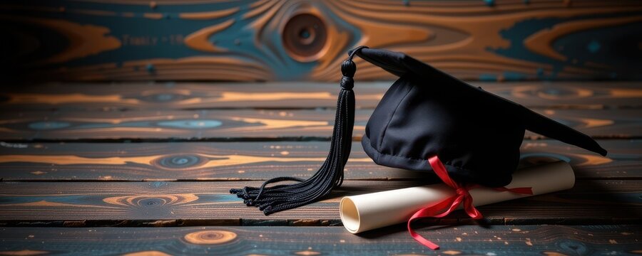 Grunge-inspired graduation cap, tassel, and diploma on distressed wood background. Dark, moody aesthetic, degree, college, future