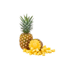 Fresh Ripe Pineapple with Slices and Cubes on White Background