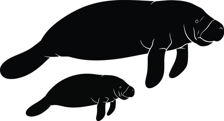 Mother and calf manatee silhouette swimming gentle ocean marine mammal vector