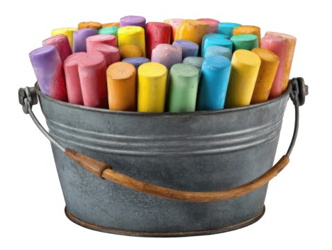 Colorful chalks in a metal bucket