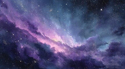 Obraz premium Purple Nebula Watercolor Art: Cosmic Clouds and Twinkling Stars