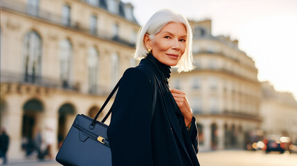 Stylish mature woman walks confidently through European city square. Elegant senior lady in black coat carries luxury handbag. Professional portrait showcases graceful aging and sophisticated style.