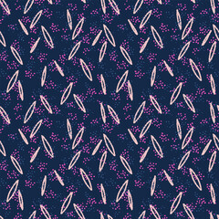 Seamless abstract vector pattern with hand drawn oval shapes and scattered dots in pink and blue on a dark navy background. Modern design for textiles, wrapping and stationery