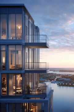 A luxury condominium tower with glass balconies Residents enjoy the city view from above