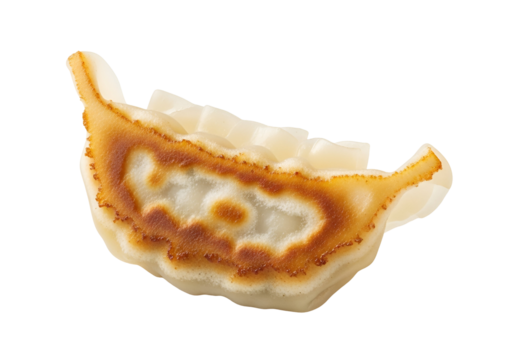Crispy, golden-brown gyoza dumpling, showcasing intricate crimped edges and a subtly browned surface, against a bold black background.