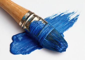 Paintbrush dipped in vibrant blue paint,  a stroke of color on white background.  Wooden handle, metal ferrule,  and saturated blue bristles