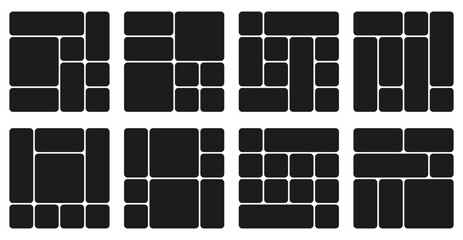 Bento grid abstract layouts with geometric tiles and rounded corners. Modern modular UI design panels, trendy web interface templates, collage frames and infographics. Vector illustration.