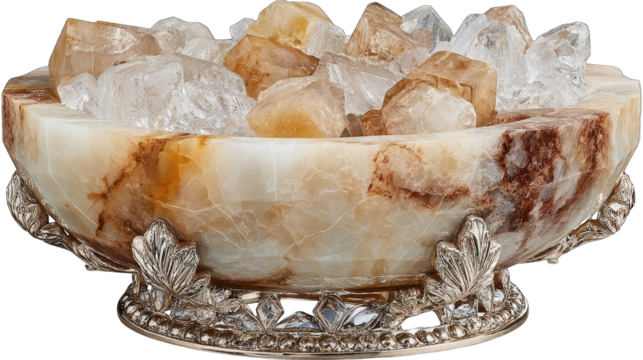 Ornate, carved onyx bowl filled with crystals