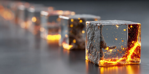 Abstract glowing cubes arranged in a row, representing digital transformation and data flow