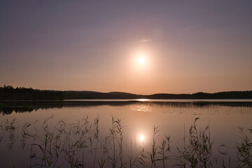 Sunrise at the lake with reeds and forest reflections in golden morning light