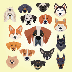 Flat Style Diverse Dog Breeds Head Illustration for Pet Lovers
