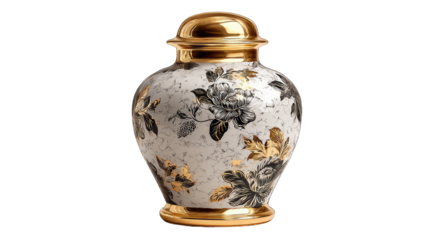 Ornate, white urn with gold accents and floral design