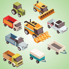 Isometric Farm Vehicle Agriculture Machinery Transportation Icon Set Illustration