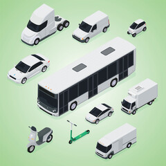 Isometric Illustration of Electric Vehicle Collection with Bus, Truck and Scooter