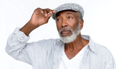 Man with a white shirt and a black and white hat is looking up at the sky. He is in a contemplative mood
