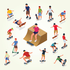 Isometric Diverse Group of Skateboarders and Roller Skaters Performing Stunts Illustration