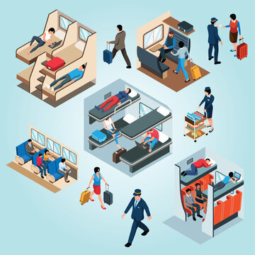 Isometric Illustration of People Traveling by Train in Different Compartments