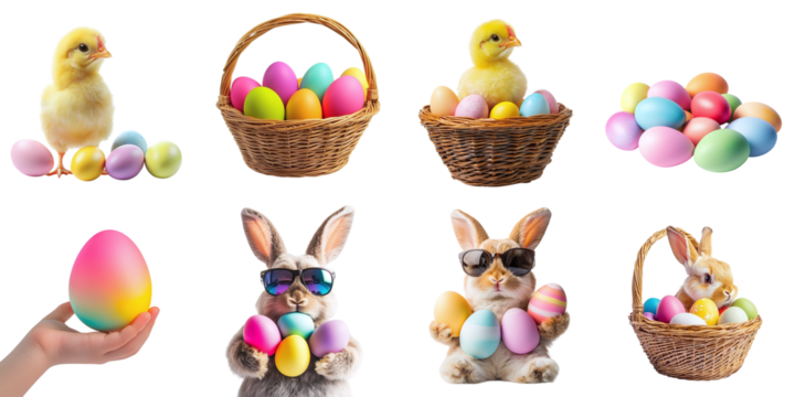 Big Easter set with Easter eggs, bunnies, chicks, wicker basket isolated on transparent background PNG