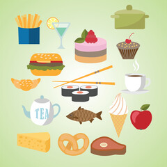 Flat Style Colorful Illustration of Various Delicious Food and Drink Items