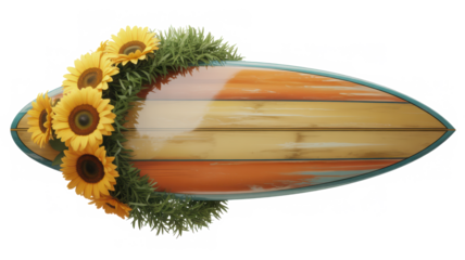 A rustic wooden surfboard adorned with vibrant sunflowers and greenery isolated on transparent background