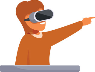 Woman wearing virtual reality headset pointing with finger exploring virtual reality world