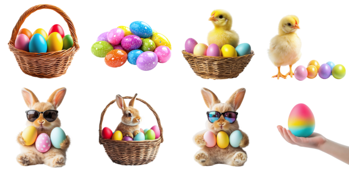 Big Easter set with Easter eggs, bunnies, chicks, wicker basket isolated on transparent background PNG - Powered by Adobe