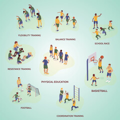 Isometric Detailed Physical Education Activities and Sport Training Illustration