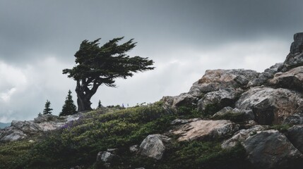A solitary tree on rocky terrain under a cloudy sky