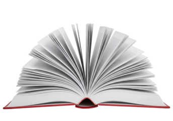 A vibrant red-bound book lies open, showcasing its pristine white pages fanned out against a bold black backdrop.