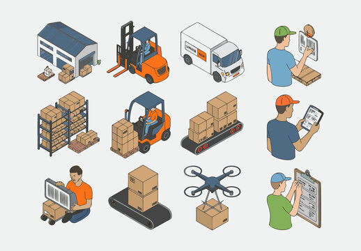 Warehouse and Logistics Isometric Vector Set Forklift, Delivery