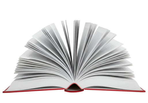 A vibrant red-bound book lies open, showcasing its pristine white pages fanned out against a bold black backdrop.