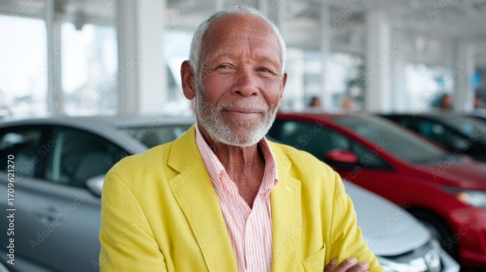 Poster man in a yellow jacket stands in front of a red car. he is smiling and he is happy
