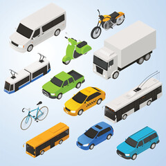 Isometric Detailed Vehicle Set Transport Icons in Various Colors Style