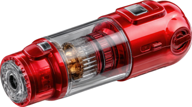Red cylindrical device with visible internal gears - Powered by Adobe