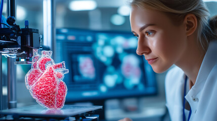 Advanced 3D Bioprinter Creating Human Heart Tissue In Sterile Medical Laboratory. High-Tech Machine Precisely Depositing Bio-Ink Layers While Female Biomedical Scientist In White L
