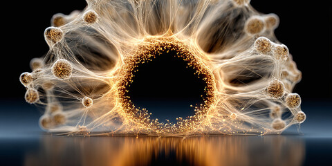 Dynamic abstract representation of a complex neural network, featuring illuminated connections and radiating energy around a central void, symbolizing intricate digital systems and thought processes