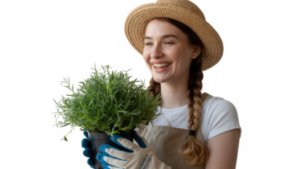 Young woman wearing a straw hat and apron holding a lush green plant in her hands isolated on transparent background