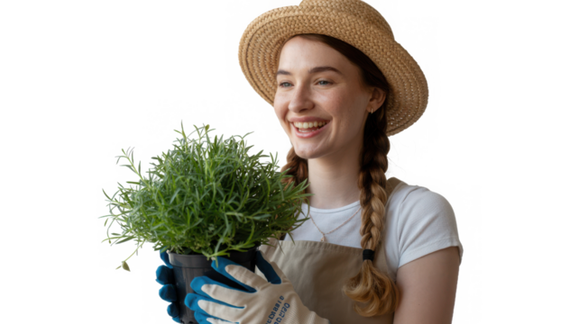Young woman wearing a straw hat and apron holding a lush green plant in her hands isolated on transparent background - Powered by Adobe