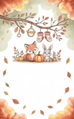 Fall Baby Shower Illustration – Foxes, Pumpkins, Pacifier, Baby Socks, Woodland Leaves – Rustic Autumn Nursery Clipart for Invitations and Digital Crafts