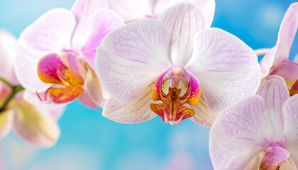 Obraz premium Orchid with Water Drops Close up Over Natural Light